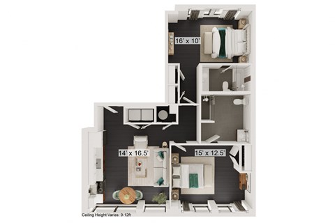 Floor plan for 2 beds, 2 baths, 934 sqft